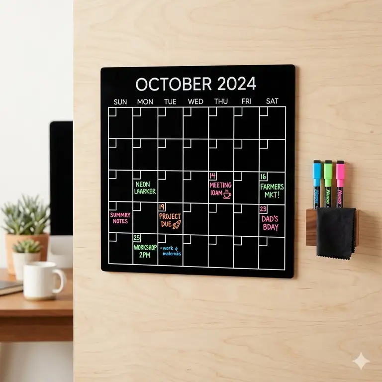 A large wall-mounted black dry erase calendar used for monthly scheduling in a modern home office.