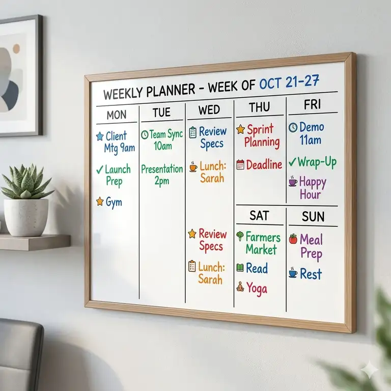 A modern magnetic week whiteboard calendar mounted on an office wall with colorful tasks and appointments.