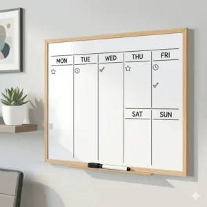 A blank reusable week whiteboard calendar with a minimalist layout and seven daily columns.