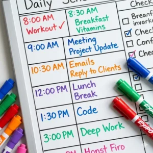 Close up of a dry erase daily schedule with tasks written in various colorful markers for easy organization.