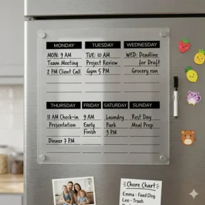 Illustration 1: Magnetic weekly dry erase calendar for refrigerator used for family meal planning and chore tracking.