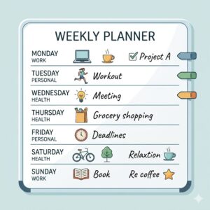 Minimalist vector illustration of a dry erase weekly planner showing a balanced 7-day work-life schedule.