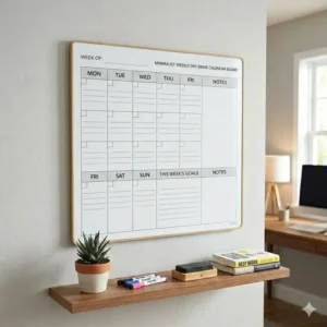 A clean, blank dry erase board with weekly planner layout in a minimalist design.