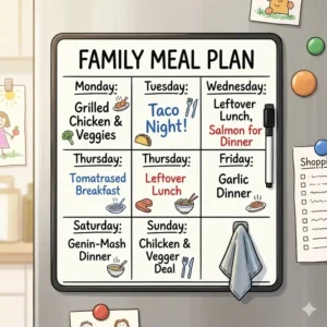 A weekly planner dry wipe board used as a family meal prep tracker on a silver refrigerator door.