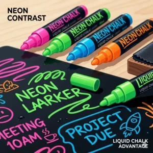 Close-up of bright neon liquid chalk markers being used on a black dry erase calendar surface.
