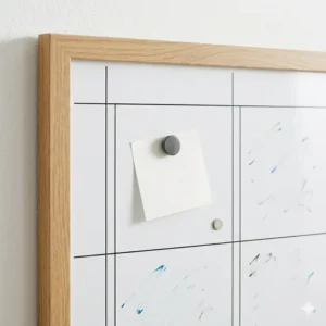 Close-up shot showing the smooth magnetic surface of a weekly calendar dry erase board.