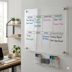 A person writing a schedule on a clear weekly planner board for wall with a green marker.