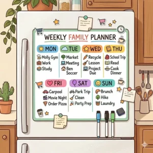 Illustration 2: A modern and minimalist clear acrylic weekly marker board mounted on a clean white wall.