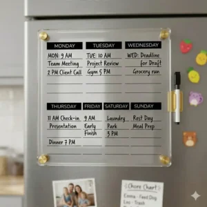 Close-up of a clear acrylic weekly dry erase board featuring sleek gold hardware and black marker text.