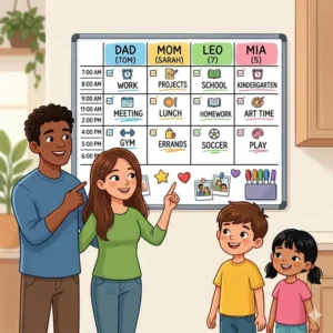 A family interacting with a dry erase daily schedule designed to track chores and activities for everyone.