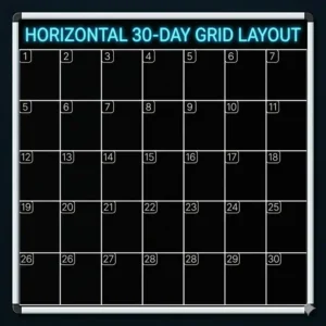 A horizontal 30-day grid layout of a black dry erase calendar for organized monthly planning.