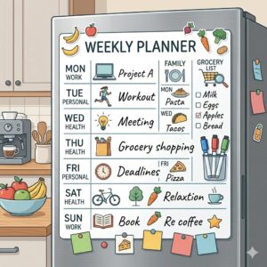 A magnetic dry erase weekly planner for the refrigerator used for family meal planning and grocery lists.