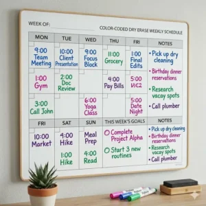 A functional dry erase board with weekly planner featuring color-coded markers for family schedules.