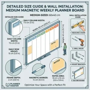 Dimensions and size chart for a magnetic weekly planner board for wall displayed in an infographic.