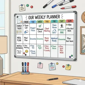 Top view of a magnetic weekly planner dry wipe board surrounded by colorful markers and planning tools.