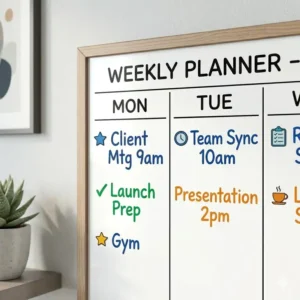 Close-up of a week whiteboard calendar showing tasks organized by different colored dry-erase markers.