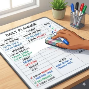 A hand wiping clean a dry erase daily schedule to demonstrate how easy it is to reuse every day.