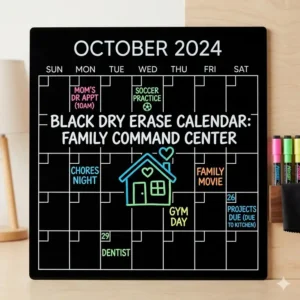 A magnetic black dry erase calendar serving as a family command center in a home kitchen.