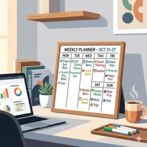 A desktop week whiteboard calendar sitting next to a laptop in a brightly lit home office.