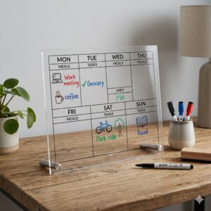 Clear acrylic dry erase weekly planner sitting on a wooden desk with a black fine-tip marker.