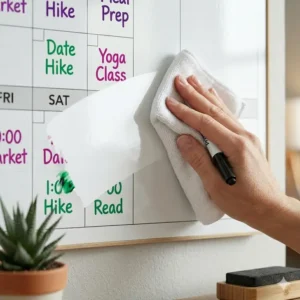 A close-up view of a hand wiping a dry erase board with weekly planner to show its easy-clean surface.
