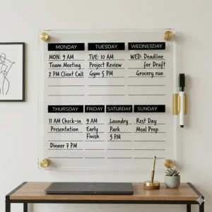Minimalist weekly dry erase organizer above a home office desk showing professional task management.