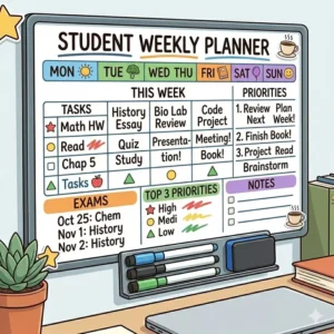 Illustration 3: A colorful weekly marker board designed for students to organize study schedules and homework deadlines.