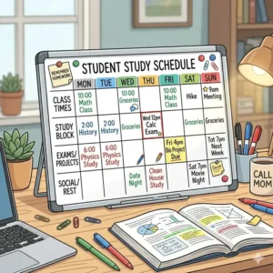 A student desk featuring a weekly planner dry wipe board filled with exam dates and study blocks.