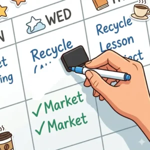 Illustration 4: A detailed close-up of a hand writing clearly on the smooth surface of a weekly marker board.