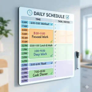 A professional dry erase daily schedule featuring a detailed time blocking layout from morning to night.