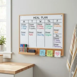 A family meal plan and chore list organized on a weekly planner board for wall in the kitchen.
