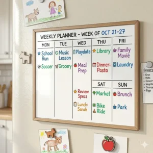 A magnetic week whiteboard calendar on a refrigerator used for tracking family meals and activities.