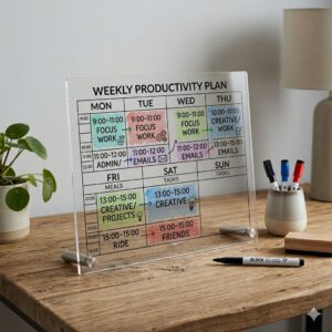 Illustration of time-blocking techniques on a dry erase weekly planner to improve daily productivity.