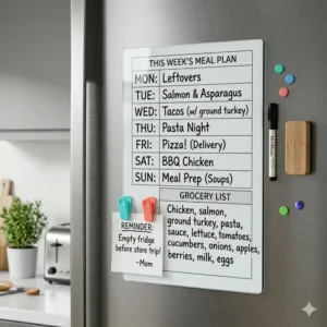 A magnetic dry erase board with weekly planner placed on a refrigerator for meal prep and grocery lists.