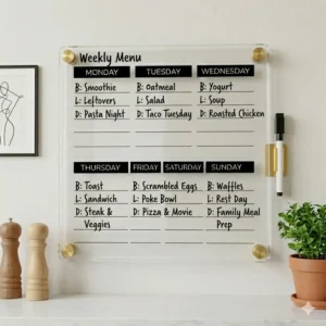 Kitchen-themed weekly dry erase menu board with sections for breakfast, lunch, and dinner planning.