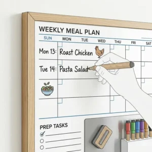 A kitchen organization setup using the weekly calendar dry erase board as a family meal planner.