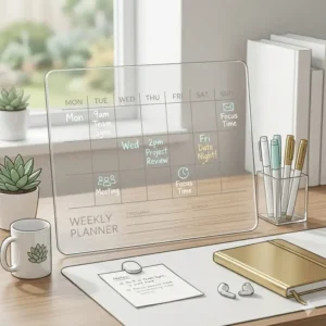A modern and sleek minimalist acrylic weekly planner dry wipe board placed in a bright workspace.