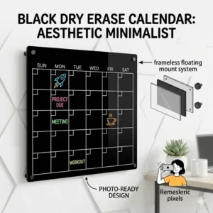 Sleek frameless minimalist acrylic black dry erase calendar mounted on a clean white wall.