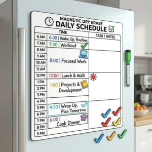 A magnetic dry erase daily schedule attached to a kitchen refrigerator for convenient meal and task planning.