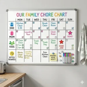 A family chore chart layout on a weekly planner dry wipe board to track daily household responsibilities.