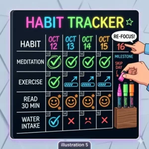 An illustration of a black dry erase calendar being used for daily habit tracking and goals.