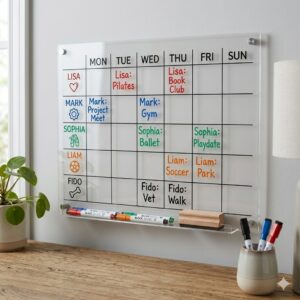 Close-up illustration of a dry erase weekly planner using color-coded markers for different family members.