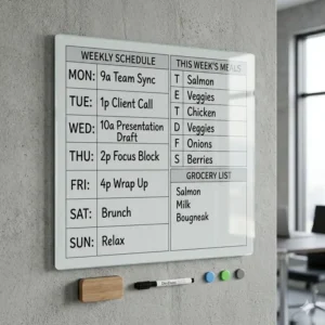 A stylish frameless glass dry erase board with weekly planner mounted in a professional office setting.