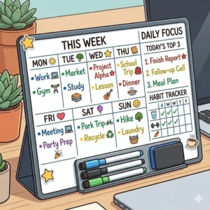Illustration 5: A desktop weekly marker board setup showing organized daily tasks and professional priorities.