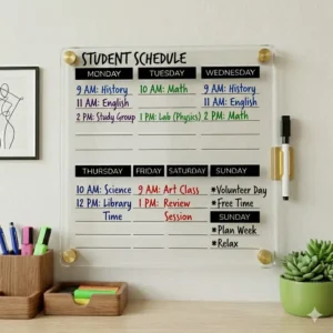 Colorful weekly dry erase schedule used by a student to track exam dates and activities.