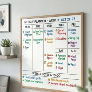 Top-down view of a weekly whiteboard planner featuring a week whiteboard calendar with a notes section.