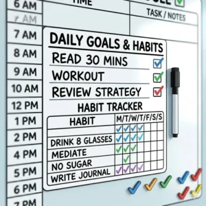 A dedicated section of a dry erase daily schedule used as a habit tracker to monitor daily goals.