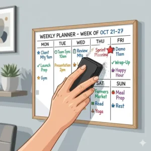 A hand erasing a task from a week whiteboard calendar surface demonstrating the dry-erase quality.