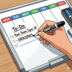 Close-up of a hand using a dry erase marker to write a to-do list on a weekly planner dry wipe board.