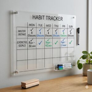 A dry erase weekly planner used as a habit tracker for monitoring water intake and exercise goals.